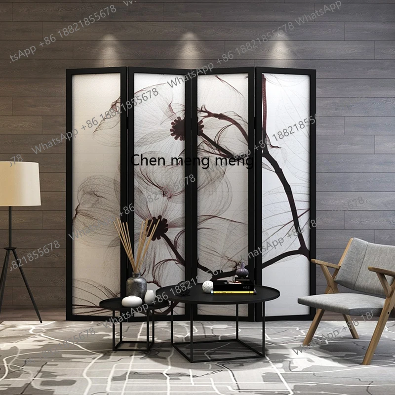 Simple screen partition living room bedroom study office semi-transparent fabric yarn folding mobile solid wood folding screen