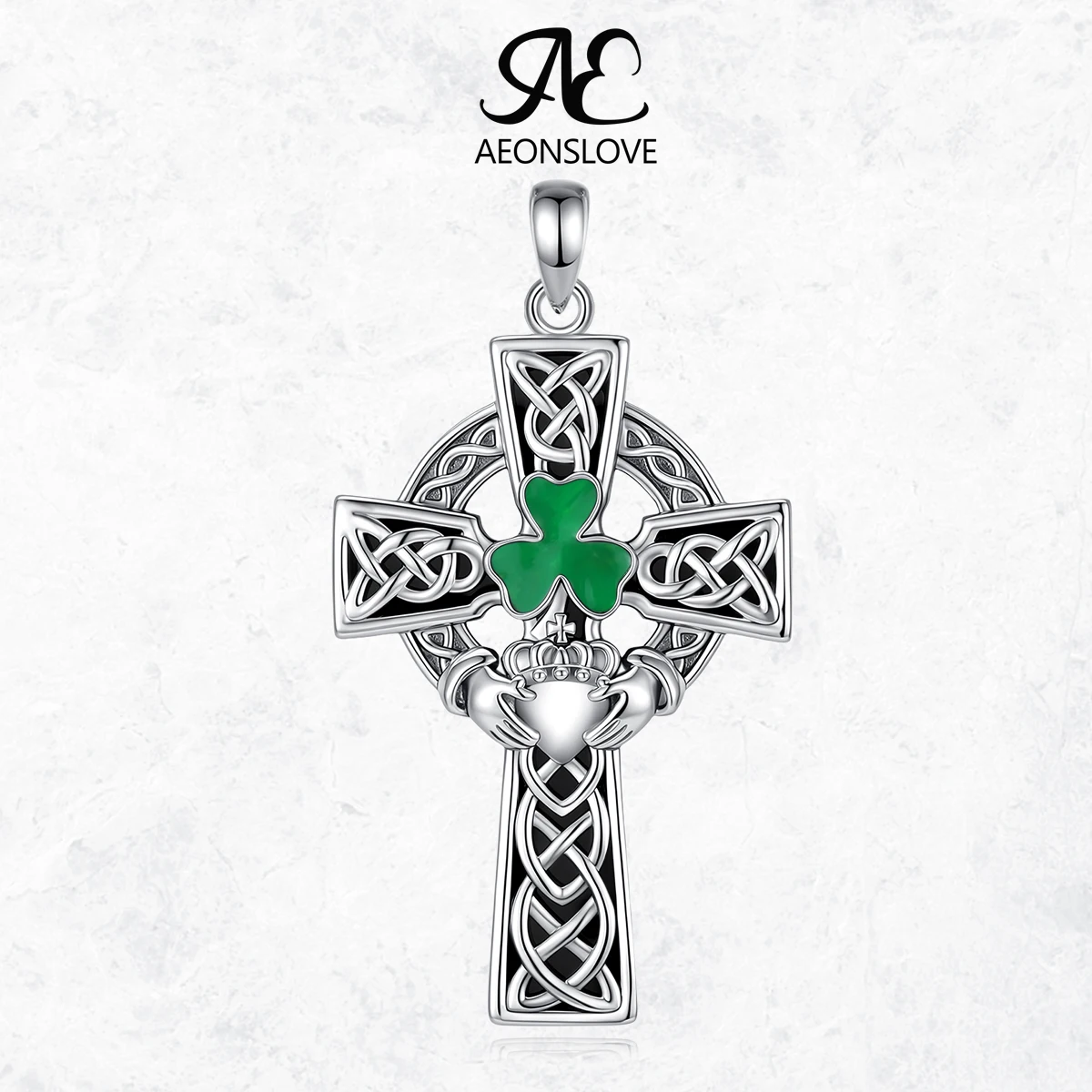 AEONSLOVE Vintage Celtic Knot Cross Necklace for Women Men Obsidian Shamrock Clover Claddagh Pendant Amulet Irish Jewelry Gift