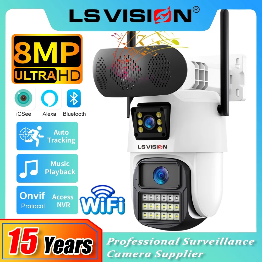 

LS VISION 8MP Bluetooth Speaker WiFi IP Camera Outdoor Dual Screens Music Player CCTV Surveillance ONVIF Wifi Security Cameras