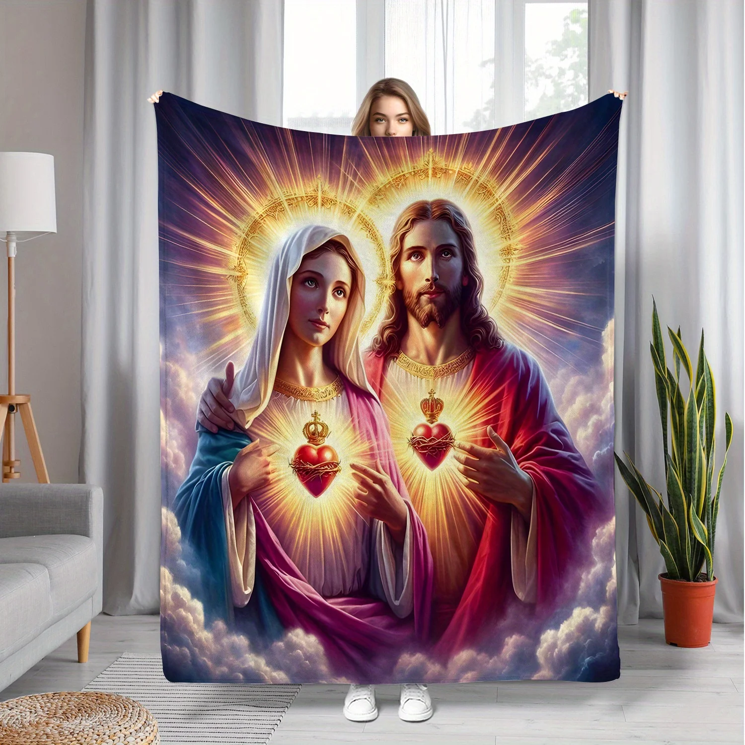 1pc Jesus and Virgin Mary Religious Blanket - Soft Flannel Throw with Sacred Heart Design, All-Season Christian Home Decor for B