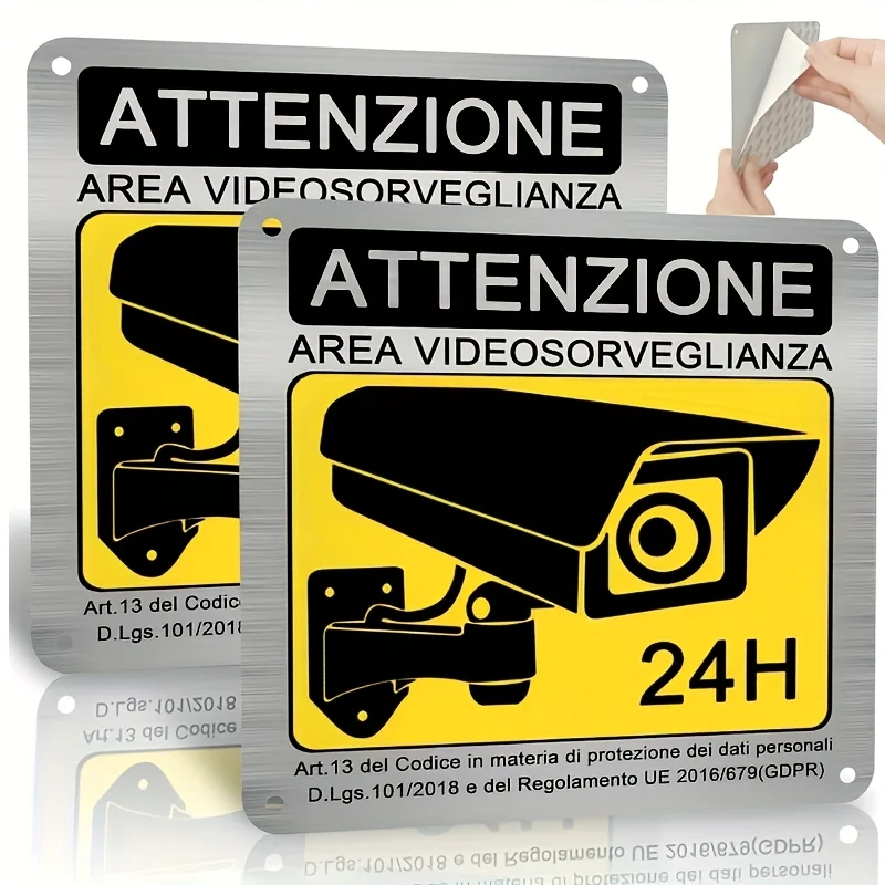 Italien-Schilder, 2 Stück Metallschilder für Videoüberwachungsbereiche – 15 x 15 cm Schilder für private Grundstücke – selbstklebend und vorgebohrt – langlebig
