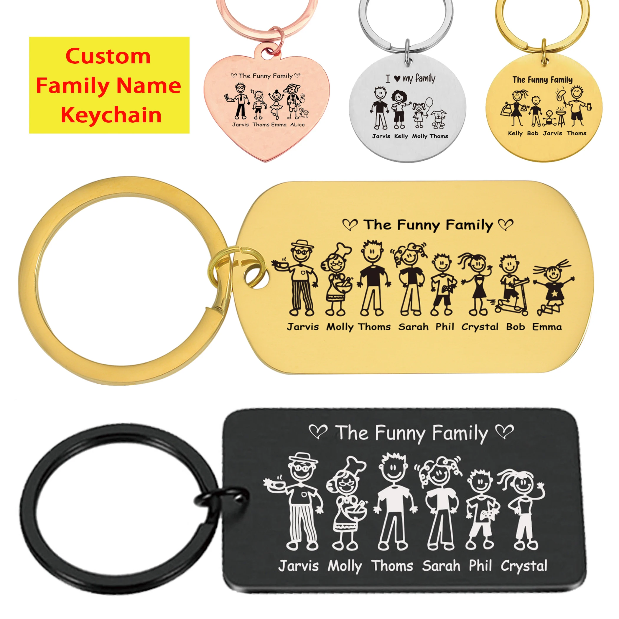 

Personalized Funny Family Keychain Engraving Stainless Steel Dad Mother Kids Name Custom Keyring Key Chain Ring Holder Gifts