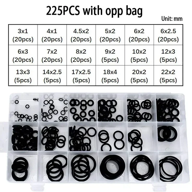 225 pçs kit de sortimento de anel de borracha o arruela juntas vedação 18 tamanhos conjunto de vedação encanamento mecânico reparação de carro fixadores acessório