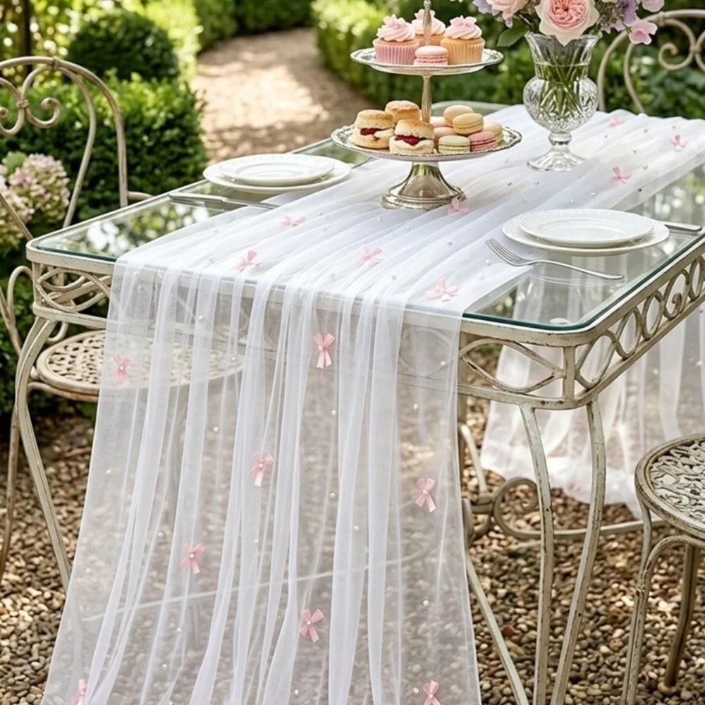 75×300cm Pearl Chiffon Table Flag Pearl Chiffon Fabric Sheer Drapes Pearl Tulle Table Runner Gauze Mesh Semi Transparent