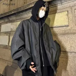 Leather Jackets Men Hooded Fake Two Pieces High Street Cool Handsome Streetwear All-match Coats Casual Designed Trendy PU Ins