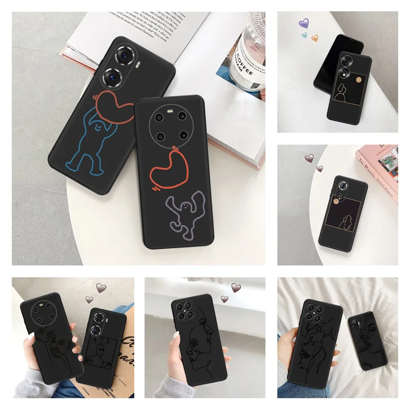 New Trend Phone Case For Pixel 8 7 6 7A 6A Honor 90 70 X6 X7 X8 X9A Magic5 Pro X6A Bear Lovers Line Art Couple Soft Back Cover