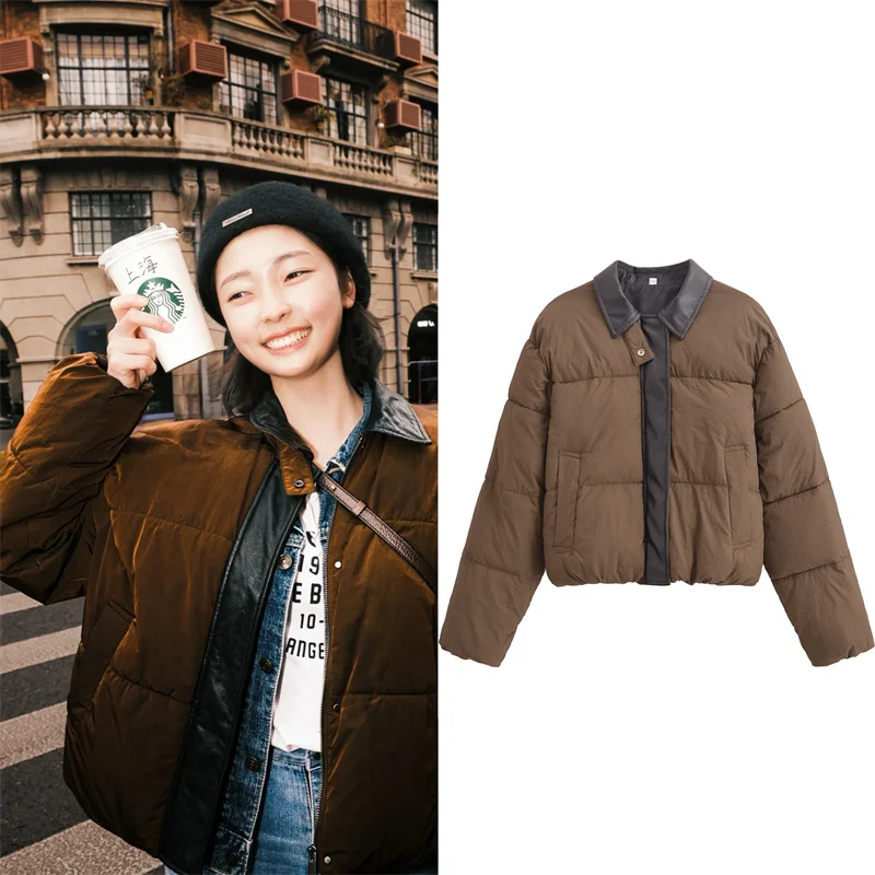 

Women's Coat 2025 Autumn New Style Chestnut Color Long Sleeve Spliced Faux Leather Cotton Jacket Casual Fashion Personalized