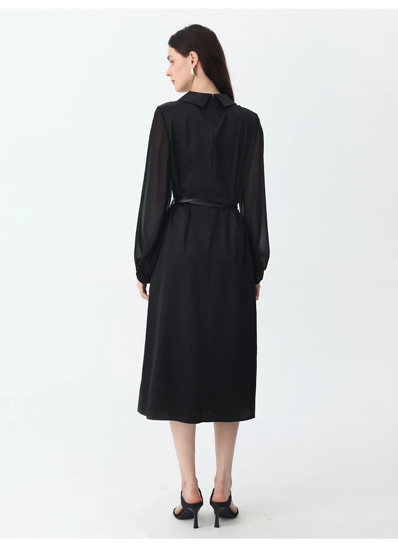 Luxury Silk Women's Dress - Elegant and Simple Long-Sleeved Mid-Length Dress - Comfortable and Soft Casual Style