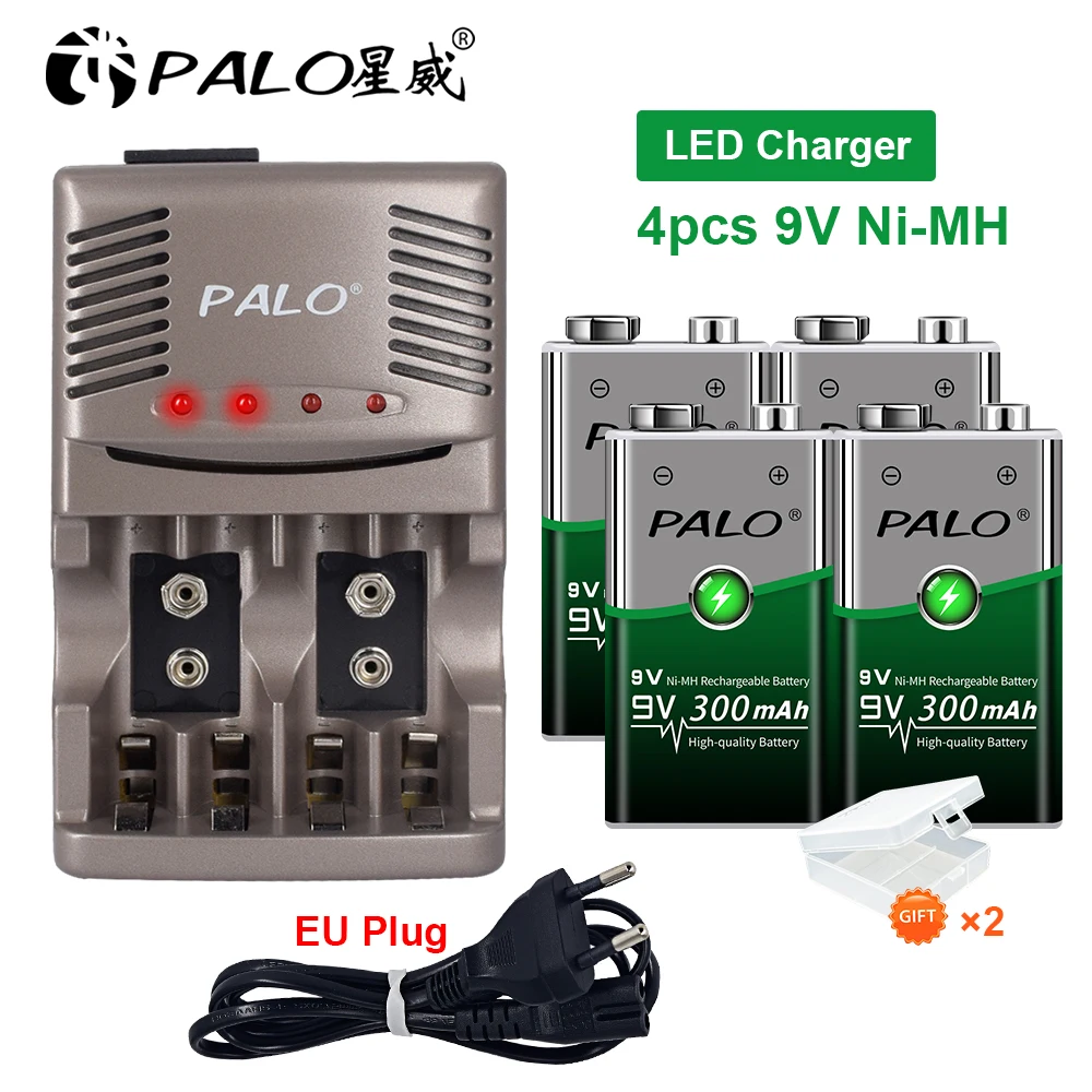 PALO 9V 6F22 Charger for 1.2V AA AAA Rechargeable Batteries NI-MH 9V 6F22 Battery + 9V 300mah Ni-MH Nimh Rechargeable Battery