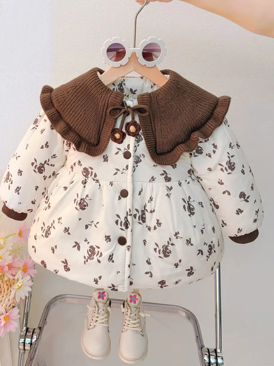 

Утепленная хлопковая куртка с цветочным принтом для девочек, зимняя теплая куртка на флисовой подкладке с воротником-стойкой, универсальная верхняя одежда, модное детское пальто