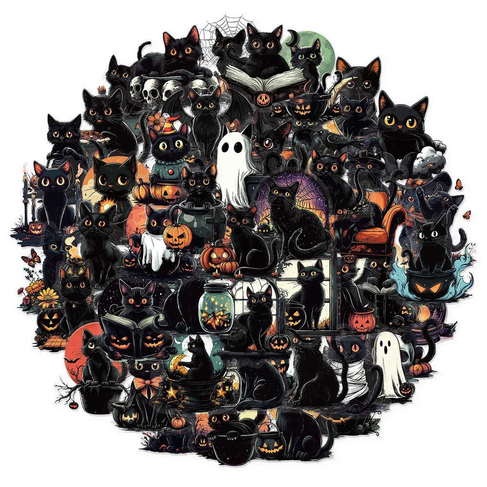 50PCS Halloween Black Cat Fun PET Stickers Decoration Computer Scrapbook Refrigerator Phone Case Speaker Guitar Toy Stickers