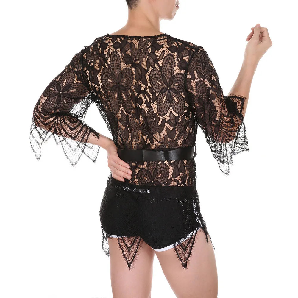 Indumenti da notte erotici ad alta elasticità Cardigan da uomo con scollo a V Cardigan nero 3 4 maniche Abbigliamento autunnale Lunghezza regolare ad alta elasticità