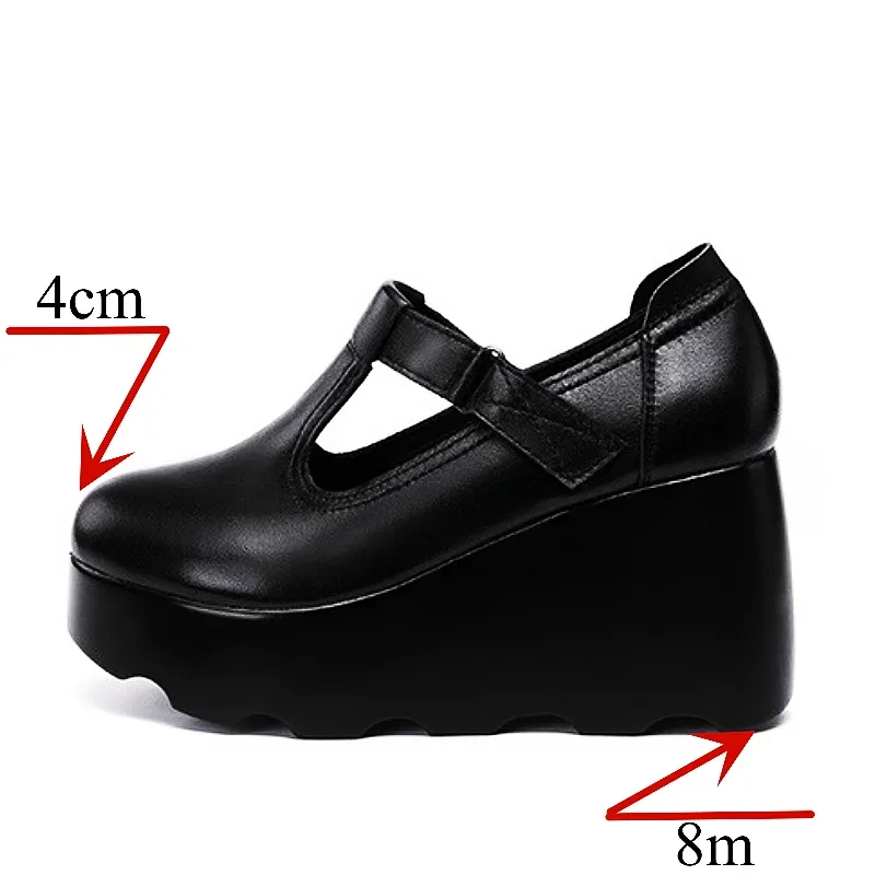 8cm Small Size 32-43 Thick Bottom Shallow Platform Wedges Shoes T Strap Pumps 2024 Fall High Heels Shoes Women Office Mom Dance