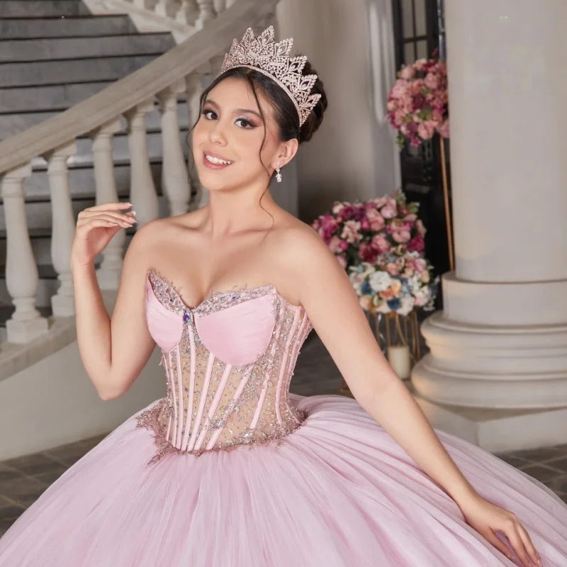 Vestido rosa para quinceañeras con hombros descubiertos, calcomanía de cristal brillante, cola larga, vestidos de 15 quinceañera ﻿ Personalizado