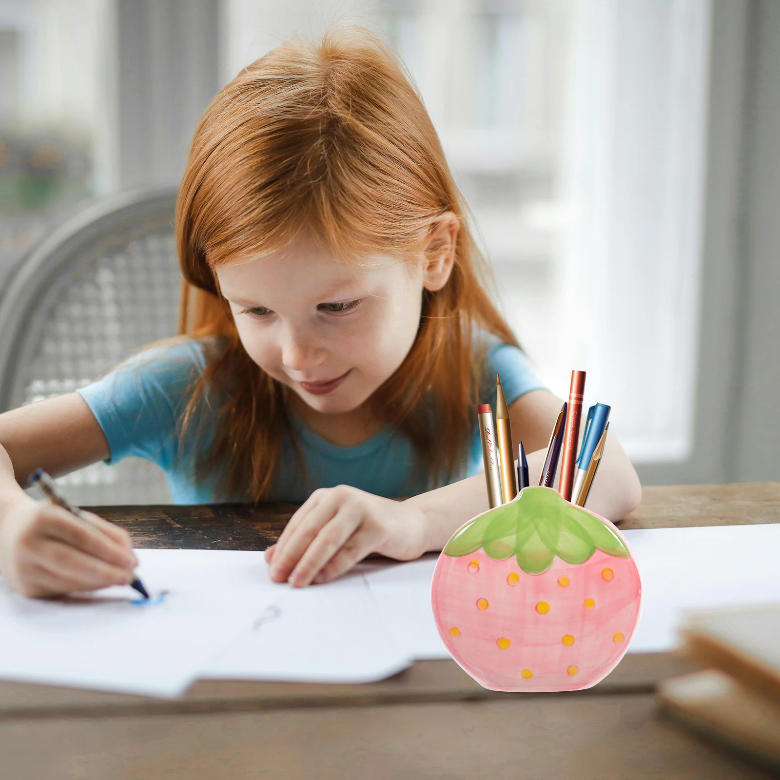 

Ceramic Strawberry Pencil Holder Smooth Surface Desk Organizer for Office Home Car Use Multi-Functional Pen Storage Bucket