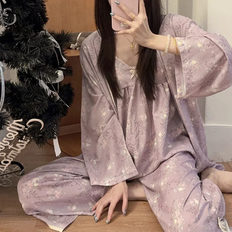 

Pyjamas Femme Sexy Sling Long Sleeve Robe Three Pieces Set Modal Autumn Winter Women's Pajamas Printed Sleepwear Trouser Suit