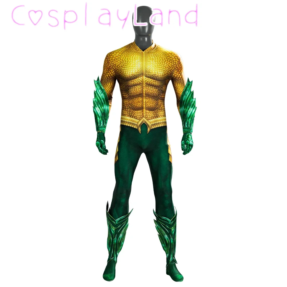 

King Arthur Curry Cosplay Zentai Bodysuit Set Gold Battle Suit Superhero Jumpsuit Man Halloween Party Carnival Party Comic Con