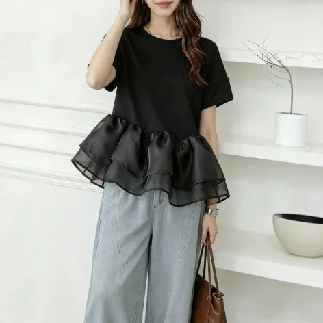 New Summary Women's Loose And Comfortable Two-in-one Mesh Patchwork Think About It Short-sleeve T-shirt Top Party