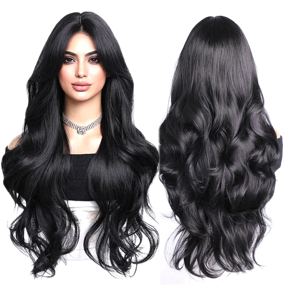 شعر مستعار طويل مموج صناعي طبيعي مع غرة شعر طويل مجعد للنساء للاستخدام اليومي شعر مستعار من الألياف عالي الجودة مقاوم للحرارة