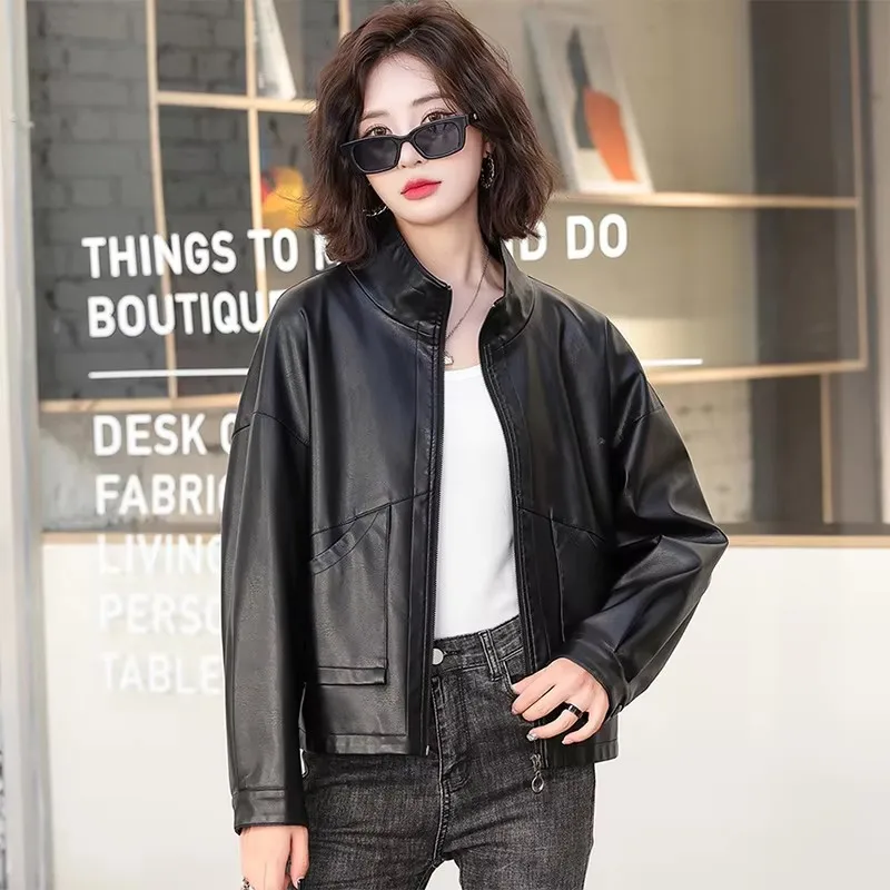 

New Women Spring Autumn Leather Jacket Fashion Stand Collar Drop-shoulder Loose Short Coat Casual Biker Jacket Split Leather