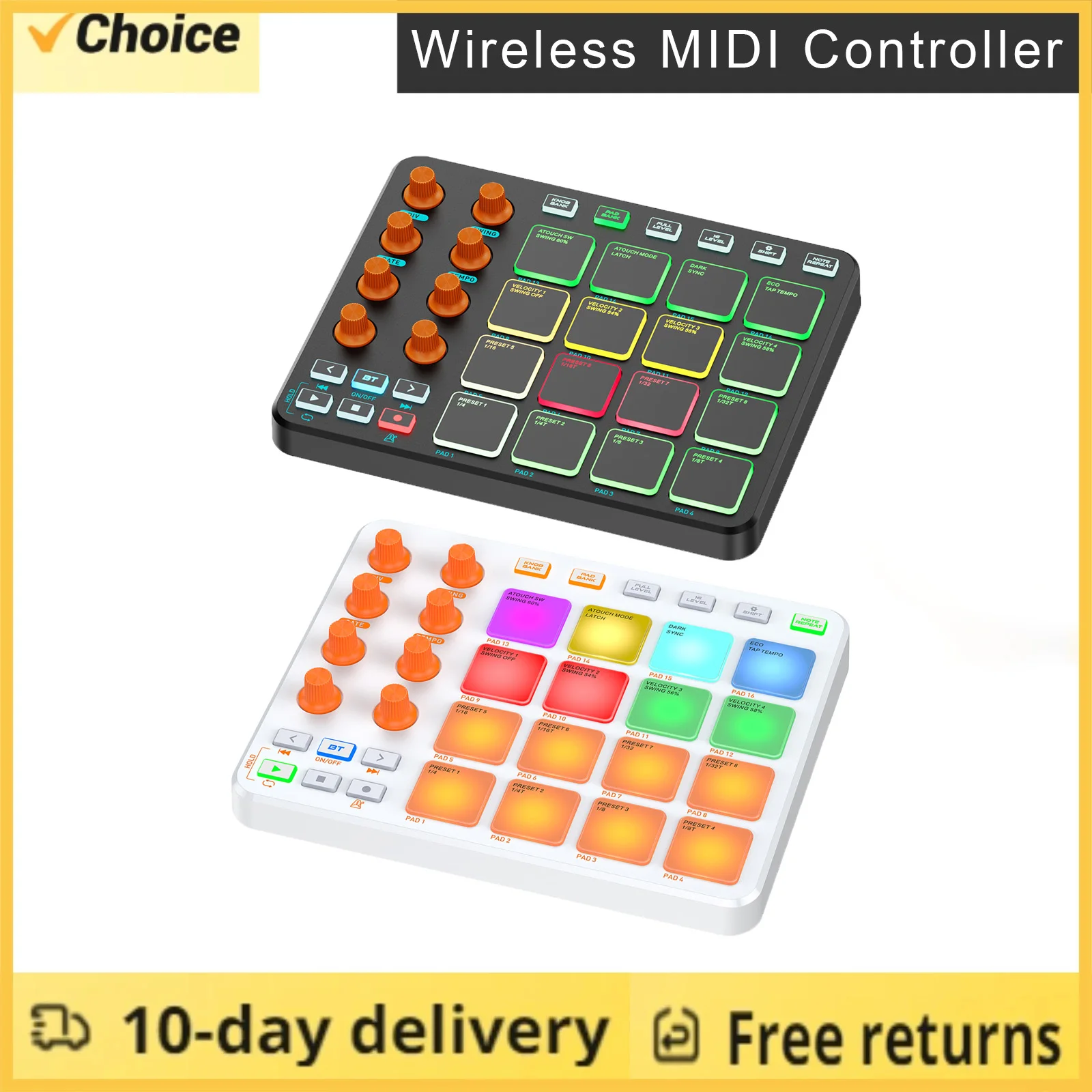 

MIDI-контроллер, беспроводная MIDI-клавиатура, 16 RGB-планшетов, 6 настраиваемых кнопок, 8 ручек, перезаряжаемый мобильный ПК для начинающих