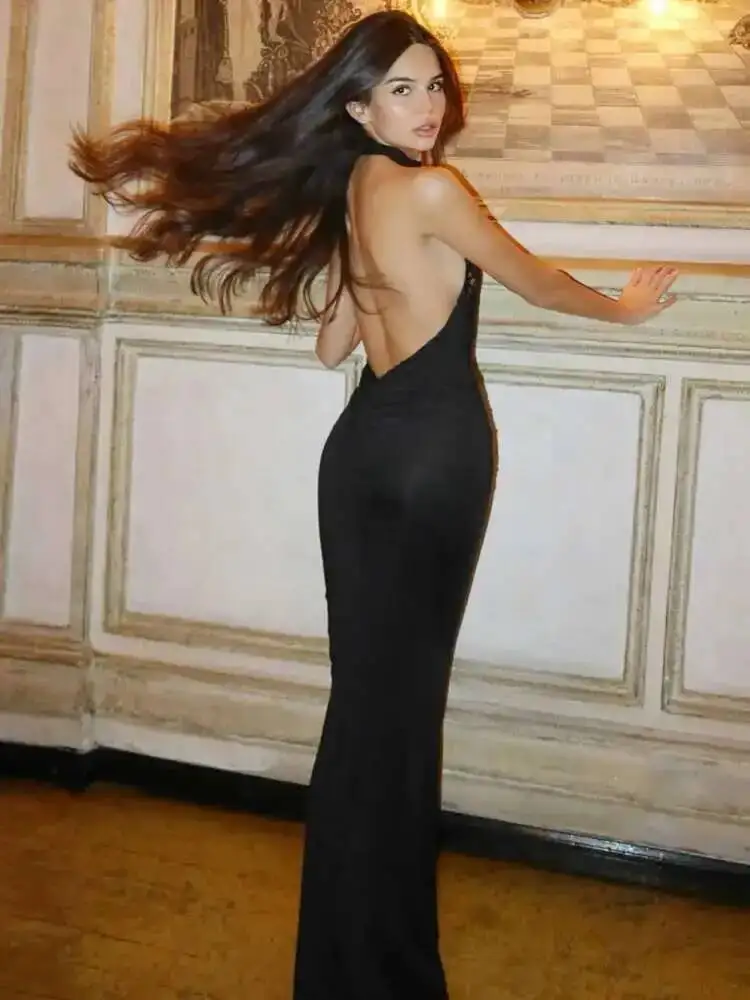 Vestido largo de encaje con cuello Halter y espalda descubierta para mujer, vestido largo negro con hombros descubiertos, sin tirantes, sin mangas, ceñido al cuerpo para fiesta y Club