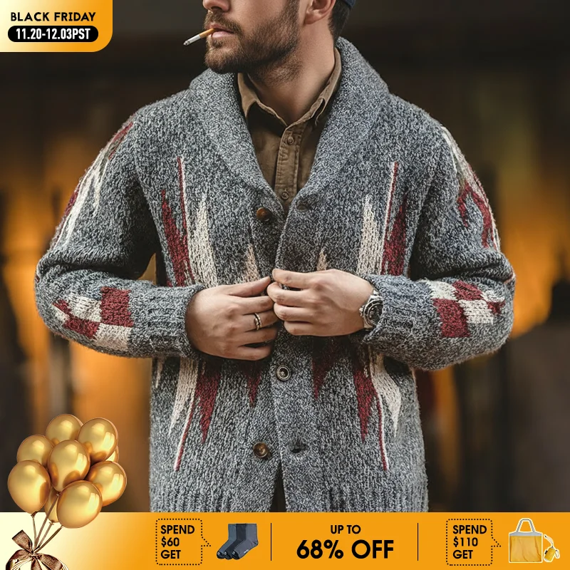 

Maden Knitted Vintage Cardigan Men Sweater Indiana Thick Knit Oversized Streetwear Geometric Trend V-neck Christmas Knit Coats