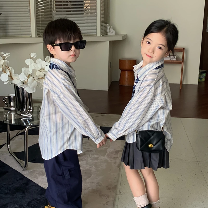 Mom and Son Matching Shirts with Tie Mother Daughter Long Sleeve Blouse Korea Fashion Mommy Baby Boy Clothing Children Clothes