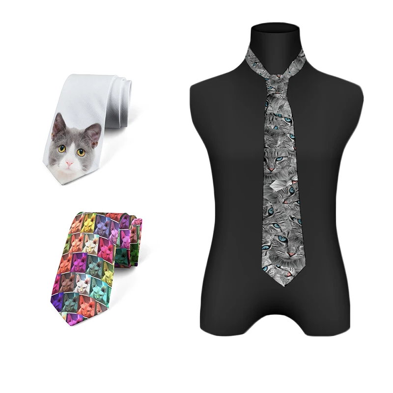 Fashion cat face print tie casual 8cm funny cat novelty tie men\'s unique accessories wedding party business gifts