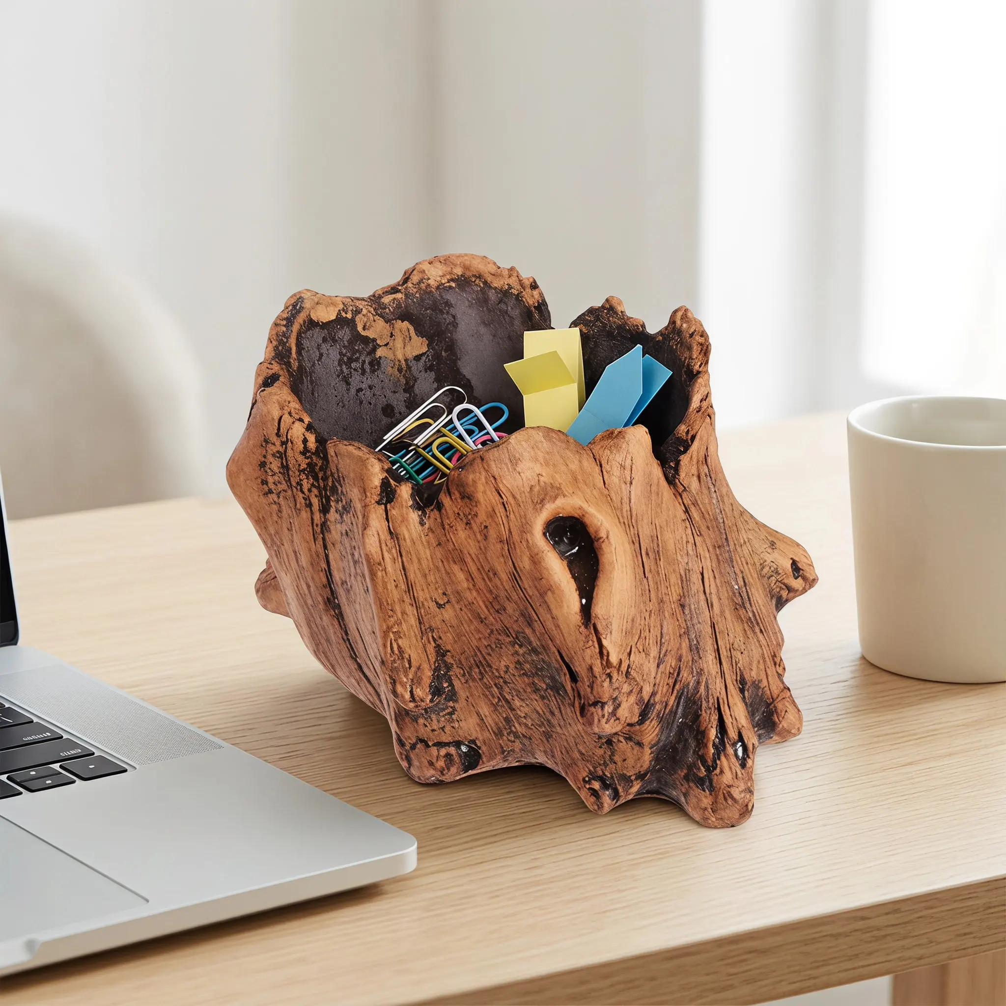 Stump-Shaped Concrete Flower Pot with Wood Texture – Breathable Indoor/Outdoor Planter for Garden Decor