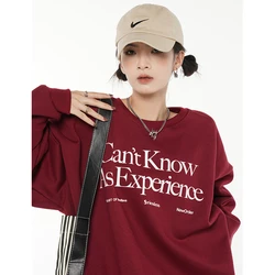 Women Wine Red Sweatshirt Letter Printing Round Neck Korean Fashion Hip Hop Oversize Leisure Winter Long Sleeves Pullover Tops