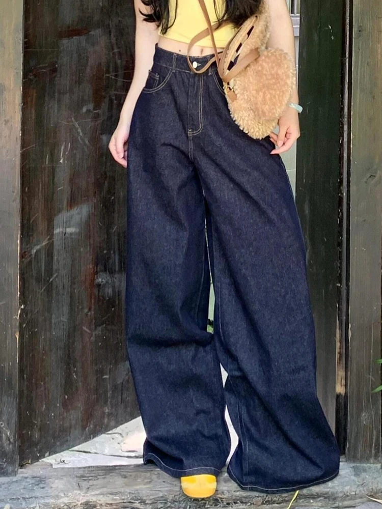 Solid Color High Waist Classic Full Length Female Wide Leg Pants American Vintage Washed Fashion Casual Loose Simple Women Jeans