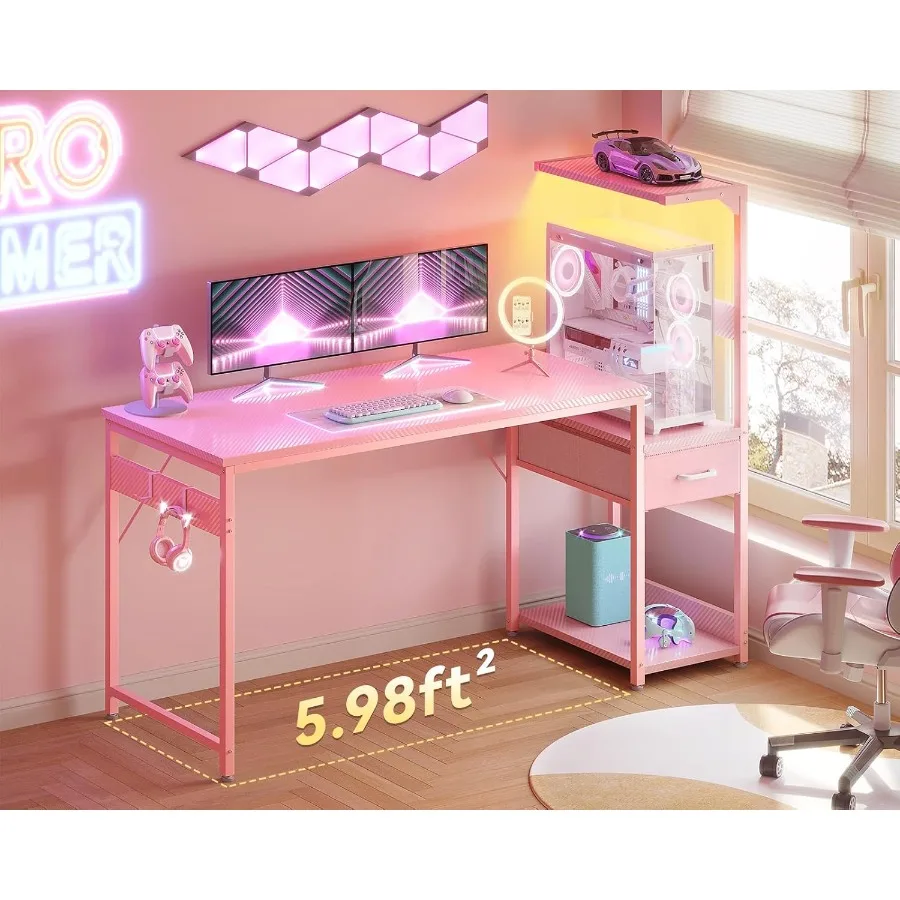 54 Inch Gaming Desk with Integrated Storage and LED Lighting for Enhanced Work and Play Reversible Design with Display Shelves