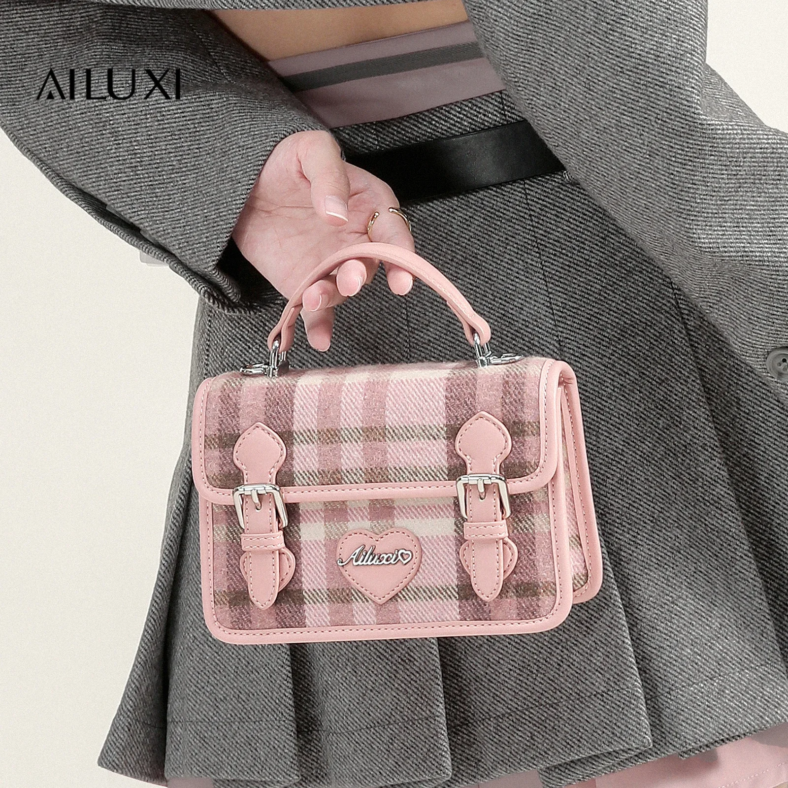 

AILUXI Women Handbag Adjustable Shoulder Strap Pink Plaid Wool Cambridge Bag Heart Decor Handbag Y2K Women's Shoulder Bag