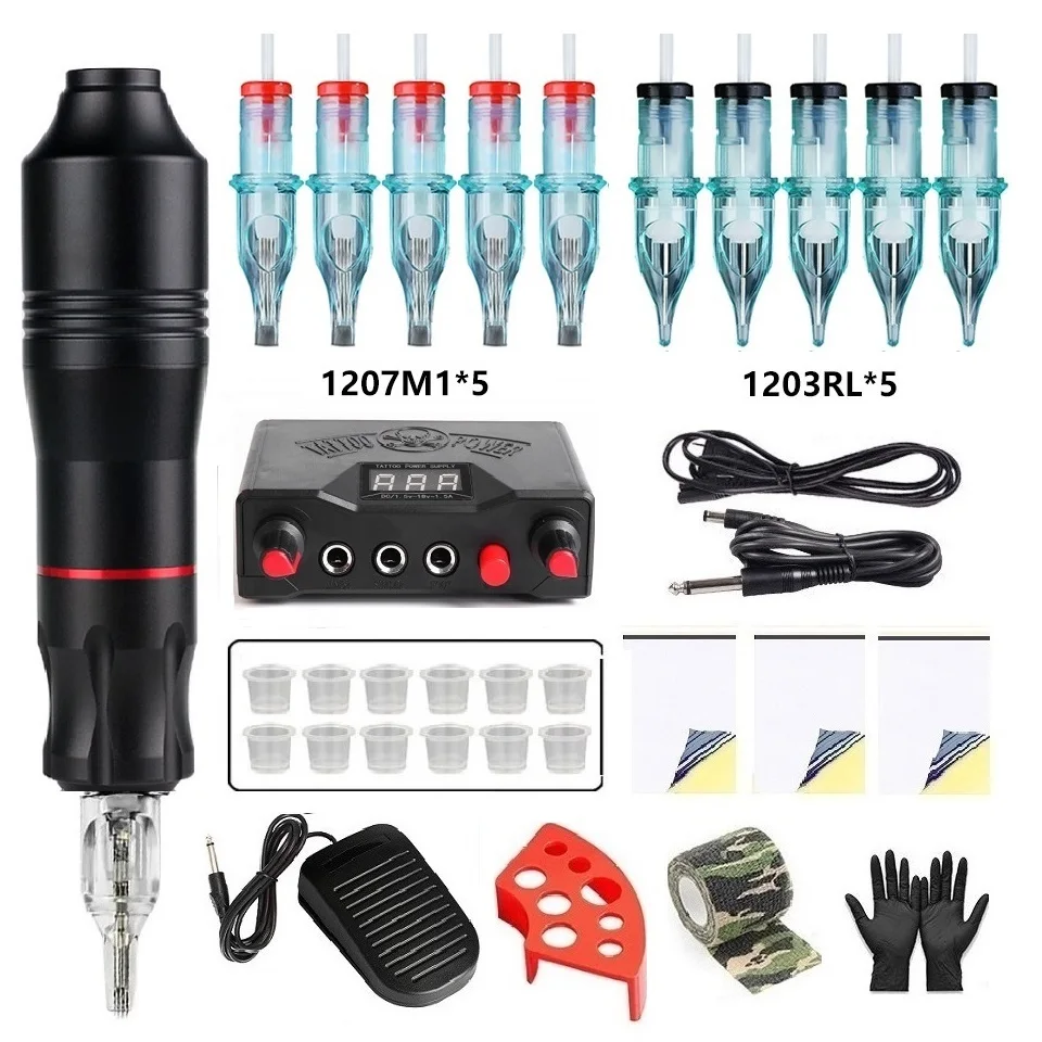 Professional Tattoo Machine Kit DC Jack Rotary Pen With Tattoo Power Supply Mixed Cartridges Needles Tattoo Pen Kit Complete
