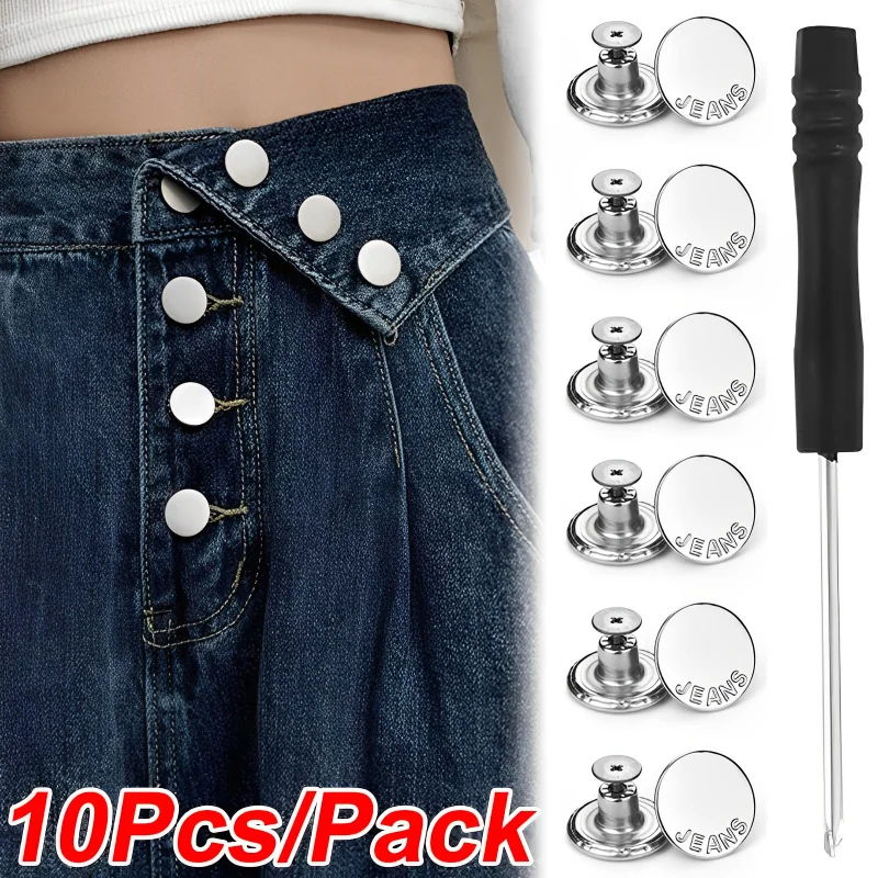 10Pcs Metal Jeans Buttons Sewing-Free Removable Pants Waist Tightener Button Clips Sewing Screw Repair Tools Kit Jean Buttons