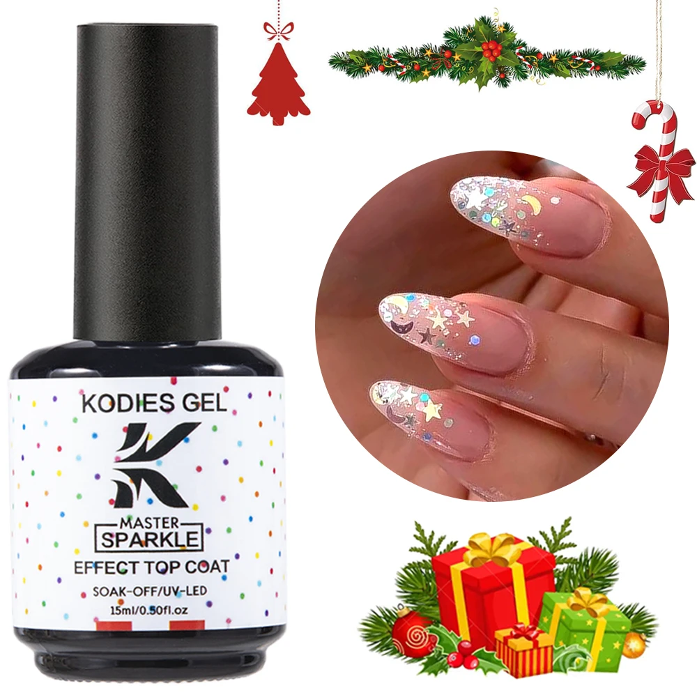 2024 New Christmas Gel Nail Polish Glitter Top Coat No Wipe Stars Moon Silver Gel Varnish Finish All for Manicure Sparkle Shine
