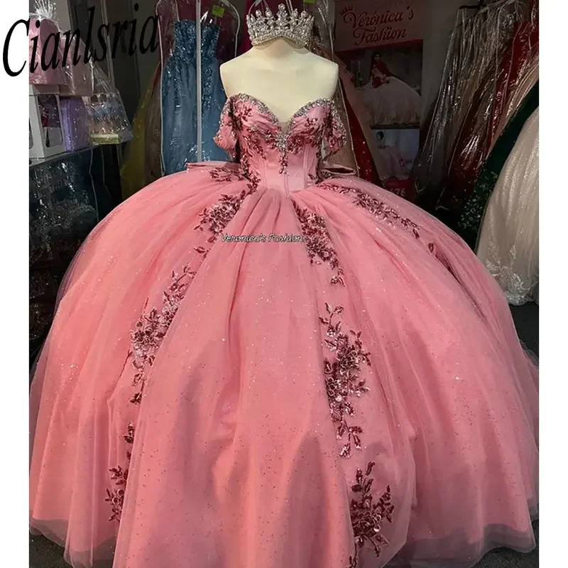 Pink Off The Shoulder Bow Quinceanera Dresses Ball Gown Sequined Appliques Lace Customized Corset Vestidos De XV Anos