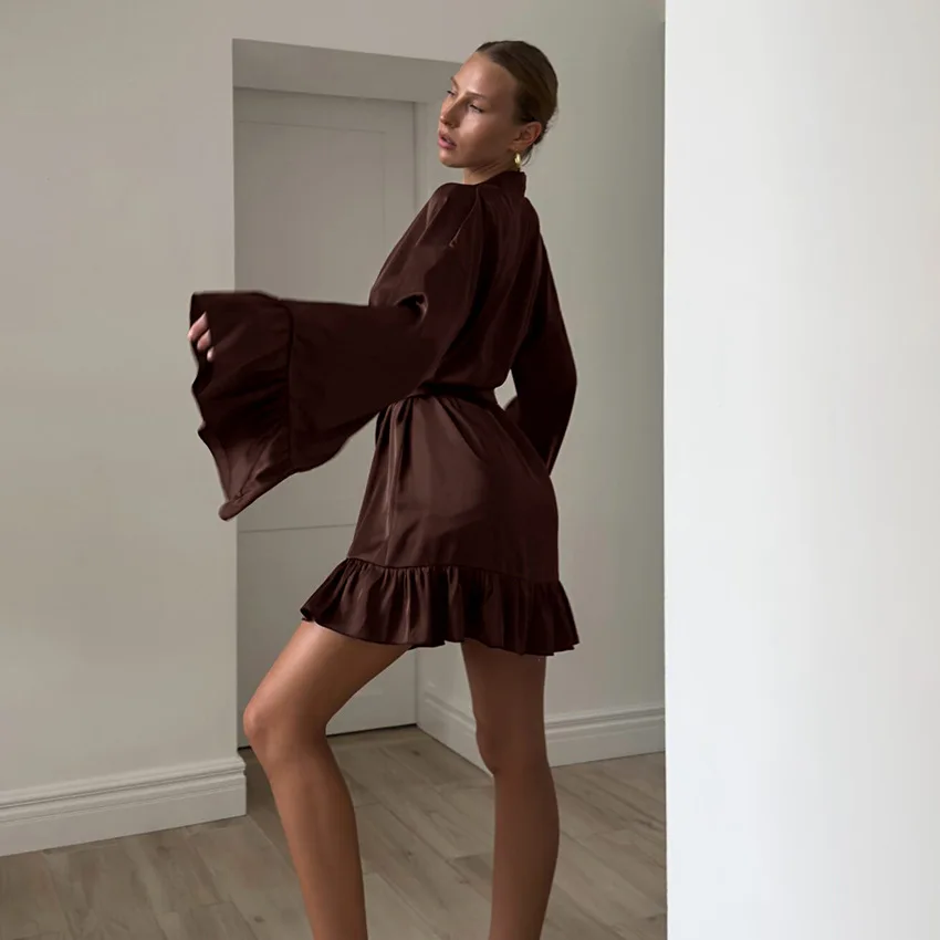 2026 Women's Summer Pajamas, Loose Comfortable Brown Ice Silk Satin Nightgown with Lotus Leaf Edge Perfect for Loungewear L Size