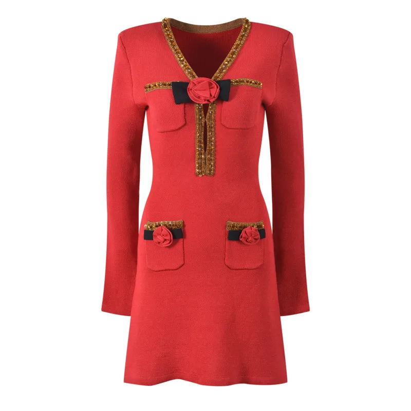 CHUJIE Sukienka damska Moda elegancki temperament czerwone złoto wykończone róża slim fit dekolt w serek sukienka z długim rękawem 2025 wiosna/lato nowość