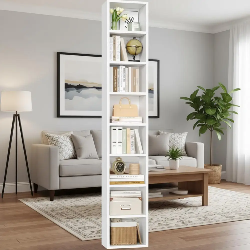 

8-ярусная узкая стойка-стеллаж для медиаустройств, 11,6 x 9,3 x 70,9 дюймов, шкаф для хранения CD/DVD с регулируемыми полками, высокий узкий книжный шкаф для дома