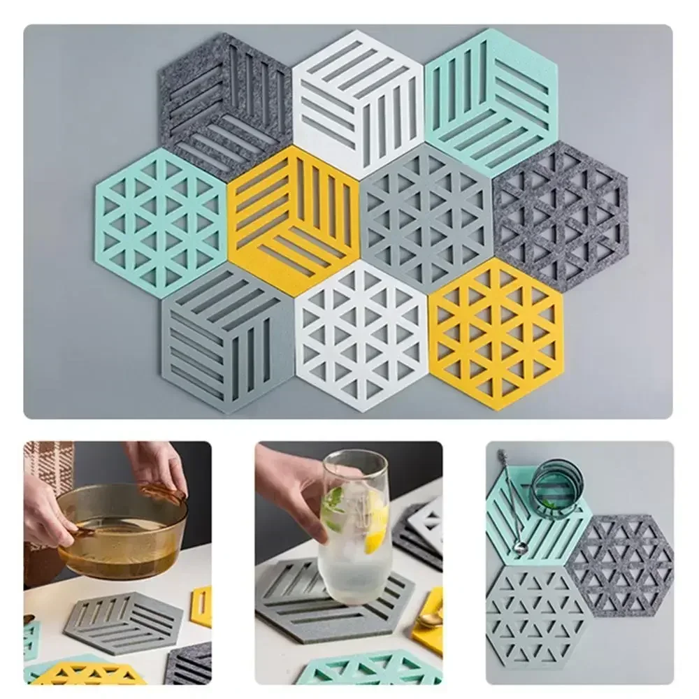 Home Creative Felt Coaster Hexagon Hollow Cup Mat Soft Heat Insulated Non Slip Pad Home Hot Drink Holder Desktop Decoration Mat