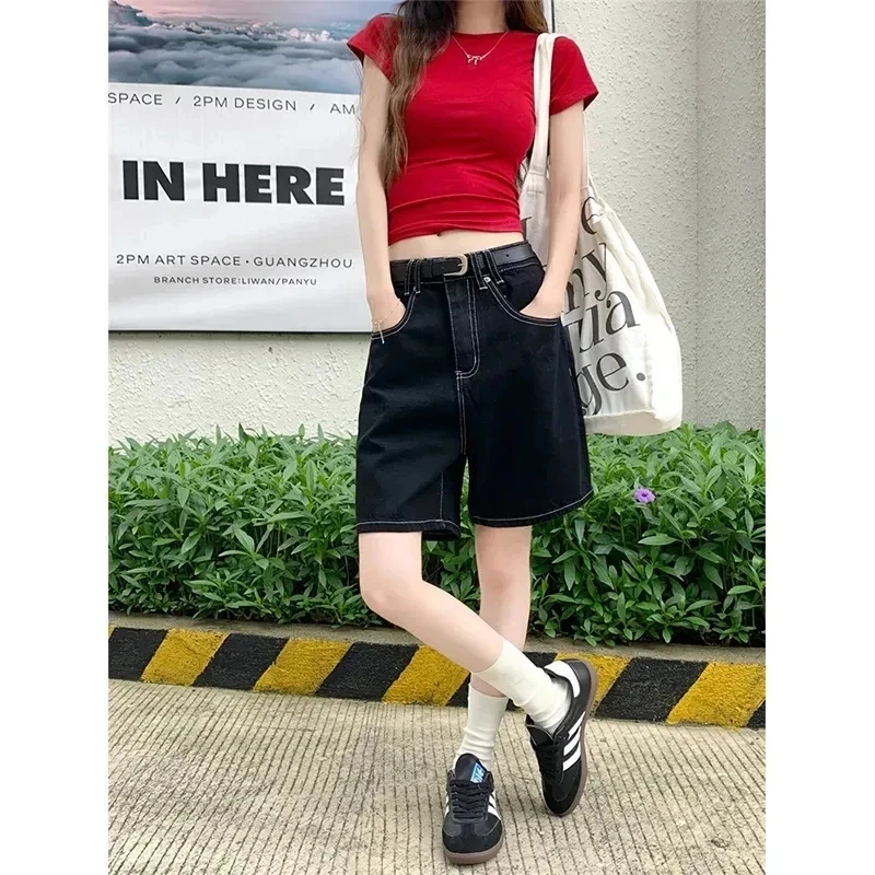 High-Waisted Straight-Leg Jeans Shorts for Women Summer New Style Slimming Black Five-Point Loose Wide-Leg Mid-Length Y2K Shorts - Image 4
