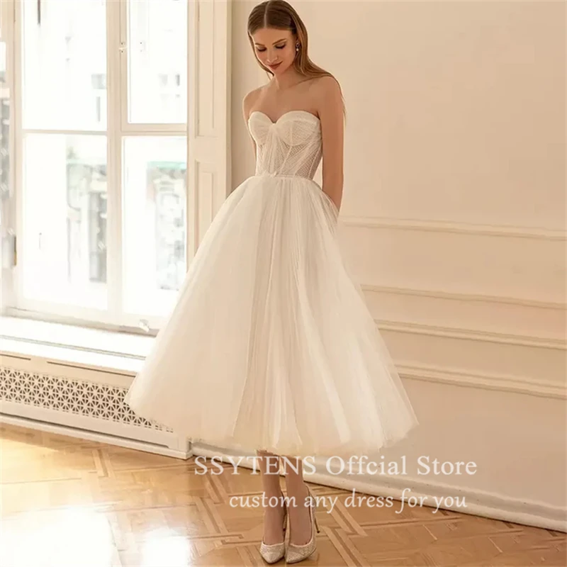 Krótkie suknie ślubne A Line Sweetheart Dot Net Tulle Simple Bridal Gowns Tea Length Custom Quinceanera Made Midi Bride Dress