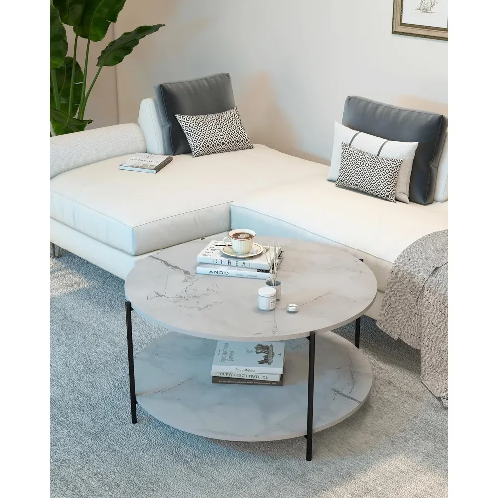 2-Tier Wooden Round Coffee Table with Storage for Living Room and Bedroom, Marble Style