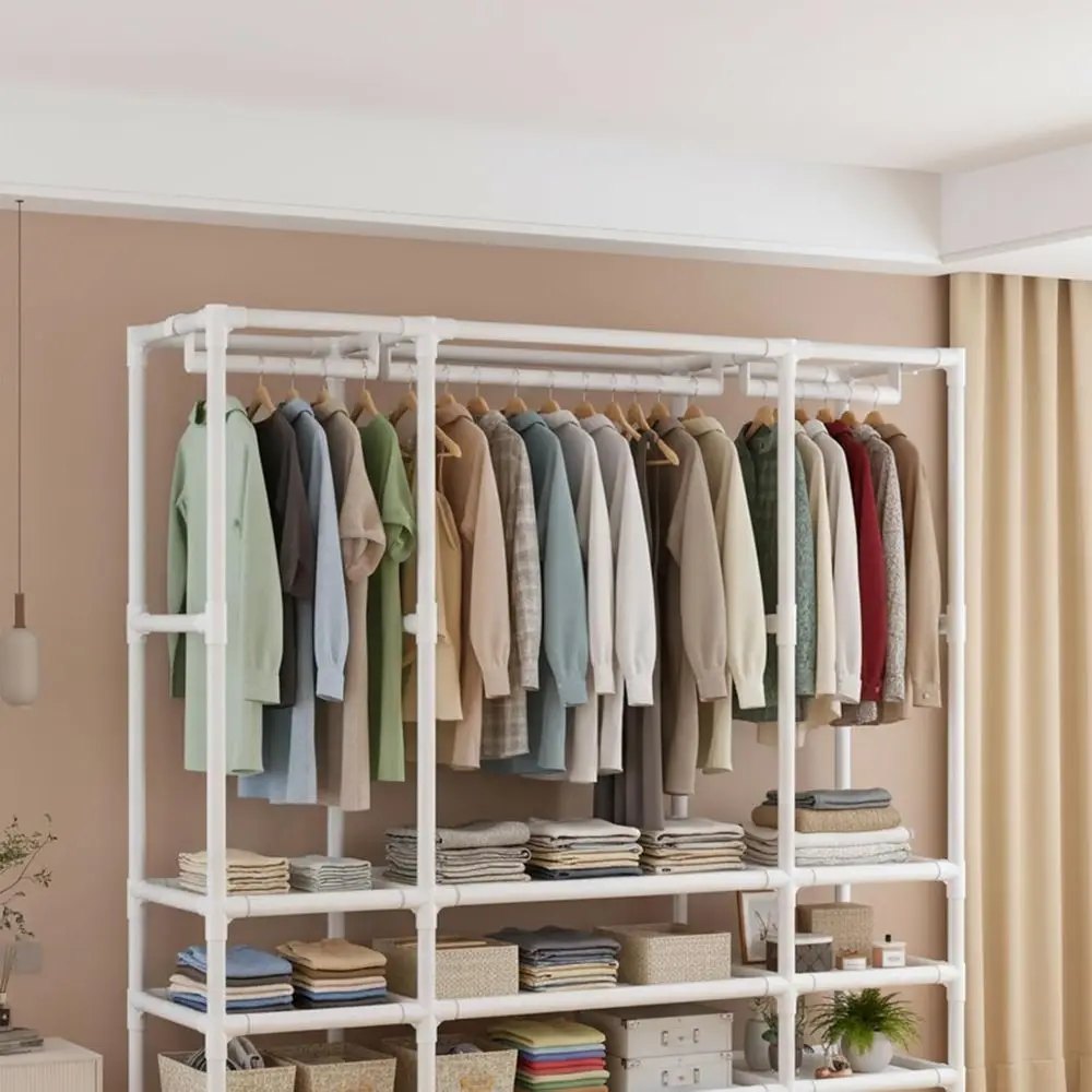 خزانة محمولة، خزانة ملابس، رف ملابس عالي التحمل مع غطاء، رف ملابس على الطراز الياباني مع 3 قضبان تعليق، 9 أرفف تخزين، 56