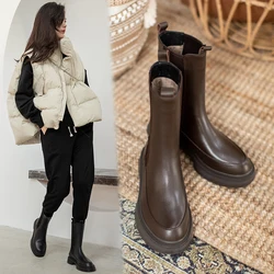 New Winter Boots Women Cow Leather Round Toe Platform Boots Solid Flat Mid-calf Modern Boots for Women Slip-on Short Boots Women