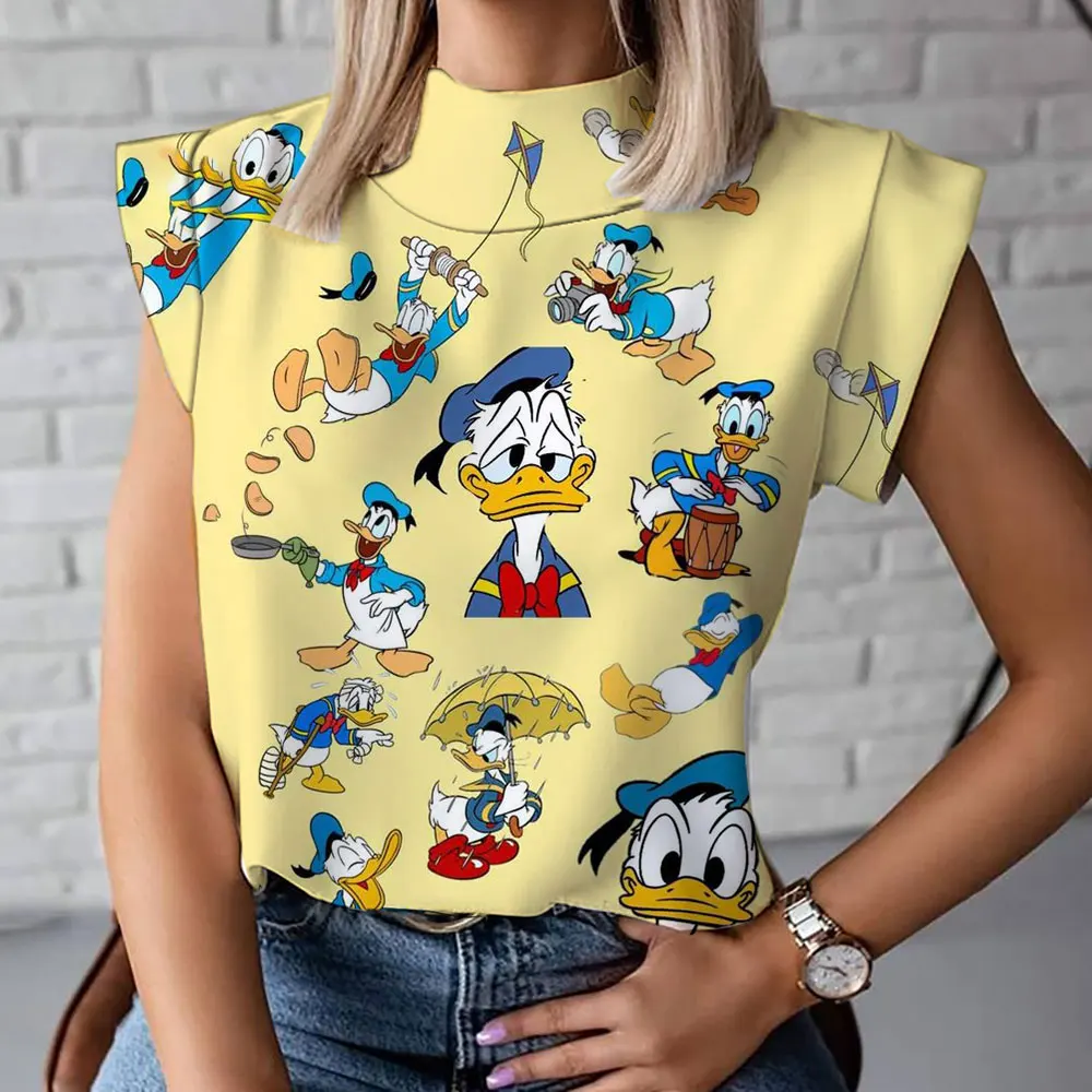 Summer Fashion New Casual Versatile Cute Mickey Minnie Cartoon Pattern 3D Women\'s Harajuku Street High Neck T-Shirt Vest