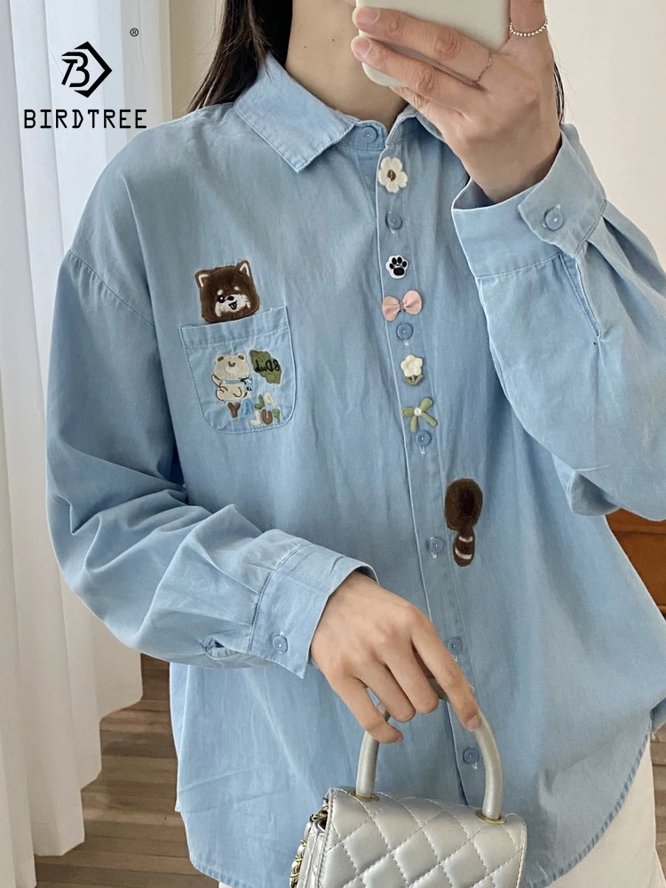 

New 2026 Spring Women Long Sleeve Denim Shirt, Turn-down Collar Cute Embroidery, Mori Girl Age Reduction Loose Blouse T63224CC