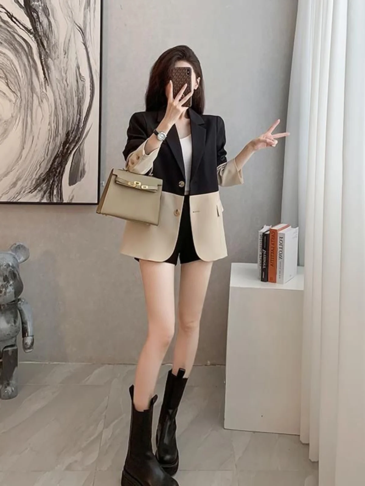 Briti Sle Loose Fit Kleur Blo Pak Jaet Dames Lente Herfst Nieuwe Sle Koreaanse versie Afslankend ontwerpgevoel